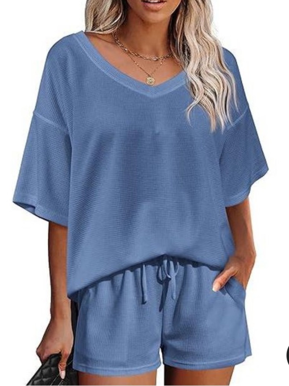 Women’s Cozy V-Neck Short Pajama Set - Blue
